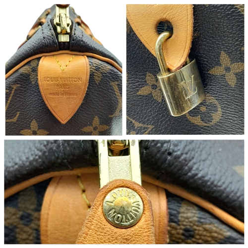 396 - A Louis Vuitton Monogram Canvas Speedy 30 Bag. Brown coated canvas exterior with gold-toned hardware... 