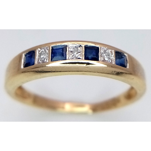 397 - A 14K YELLOW GOLD DIAMOND & SAPPHIRE HALF ETERNITY RING 2.2G TOTAL WEIGHT, SIZE N 1/2. Ref: 9296