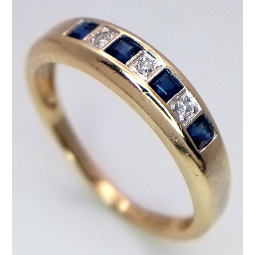 397 - A 14K YELLOW GOLD DIAMOND & SAPPHIRE HALF ETERNITY RING 2.2G TOTAL WEIGHT, SIZE N 1/2. Ref: 9296