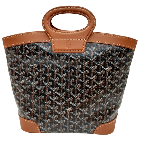 80 - A Goyard Brown and Tan Jeanne MM Tote. Canvas exterior with Goyardine print, custom 