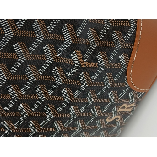 80 - A Goyard Brown and Tan Jeanne MM Tote. Canvas exterior with Goyardine print, custom 