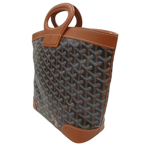 80 - A Goyard Brown and Tan Jeanne MM Tote. Canvas exterior with Goyardine print, custom 