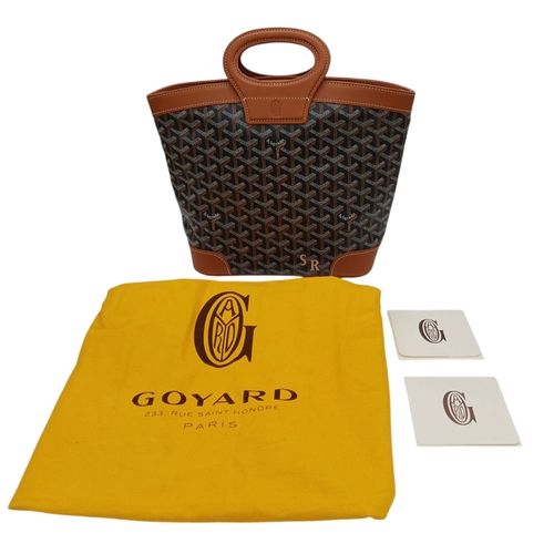 80 - A Goyard Brown and Tan Jeanne MM Tote. Canvas exterior with Goyardine print, custom 