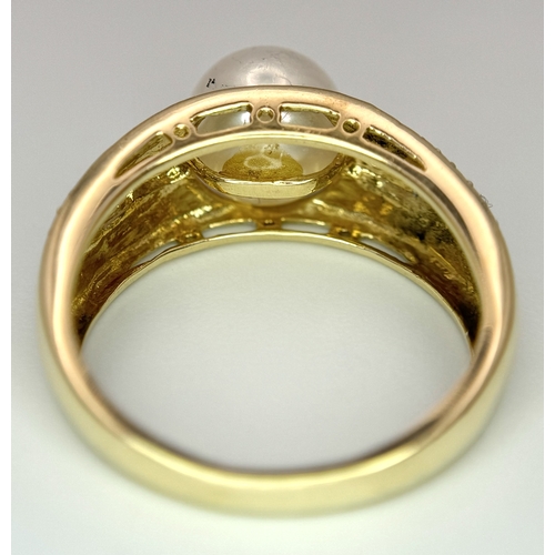 95 - A 14K YELLOW GOLD DIAMOND & PEARL SET RING 3.6G TOTAL WEIGHT, SIZE N 1/2. Ref: SC 4027