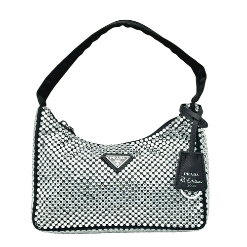 102 - A Prada Crystal Re-Edition 2000 Shoulder Bag. Crystal-embellished nylon exterior with silver-toned h... 