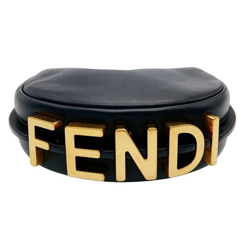 249 - A Fendi Black Leather Moon Micro Bag. Black leather exterior with gold-toned hardware and large FEND... 