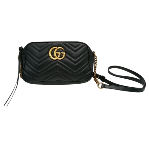 298 - A Gucci Black Matelassé Leather GG Marmont Shoulder Bag. Black chevron-quilted leather exterior with... 