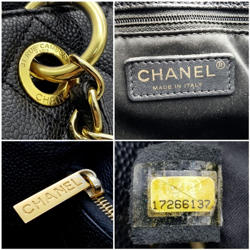 94 - A Chanel Black Caviar Leather Tote Bag. Black diamond-quilted caviar leather exterior with gold-tone... 