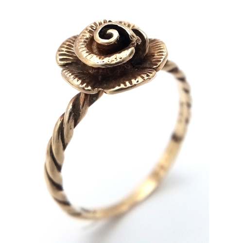 182 - Impressive  9 CARAT GOLD RING having sculpted GOLD ROSE to top with attractive rope twist shoulders.... 