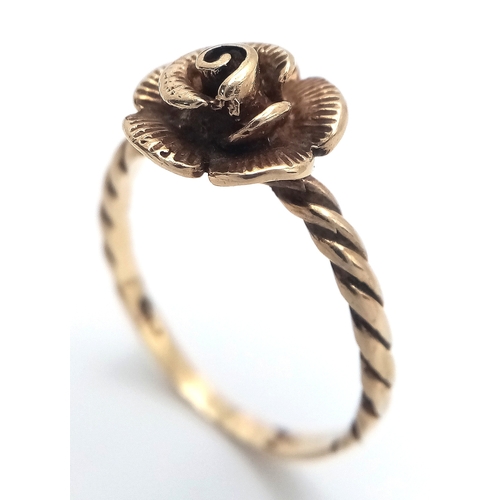 182 - Impressive  9 CARAT GOLD RING having sculpted GOLD ROSE to top with attractive rope twist shoulders.... 