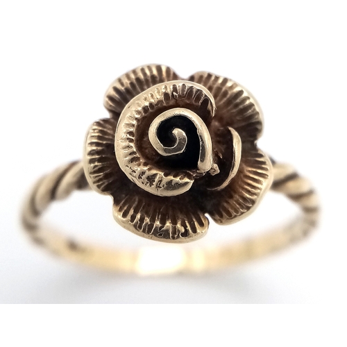 182 - Impressive  9 CARAT GOLD RING having sculpted GOLD ROSE to top with attractive rope twist shoulders.... 