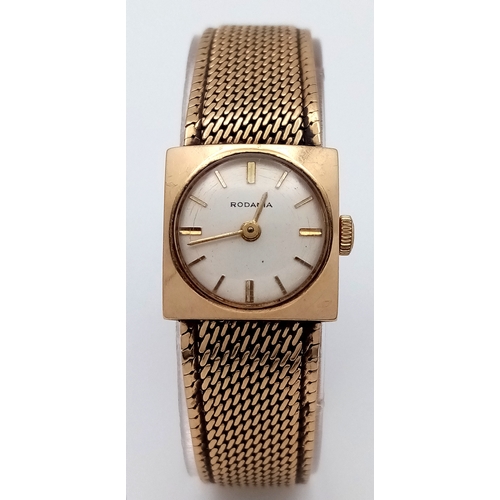 324 - A Vintage 9K Gold Rodania Ladies Watch. 9K Gold Bracelet and case - 18mm. White dial. Mechanical mov... 