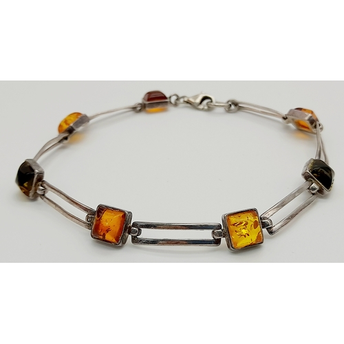 392 - Vintage SILVER and AMBER  TRAMLINE TENNIS BRACELET. Set with Different Colour AMBER CABOCHONS. Pleas... 