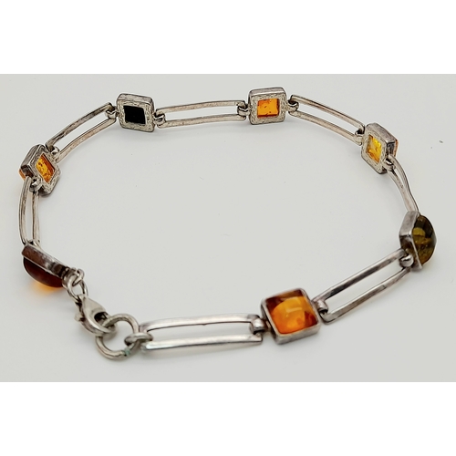 392 - Vintage SILVER and AMBER  TRAMLINE TENNIS BRACELET. Set with Different Colour AMBER CABOCHONS. Pleas... 