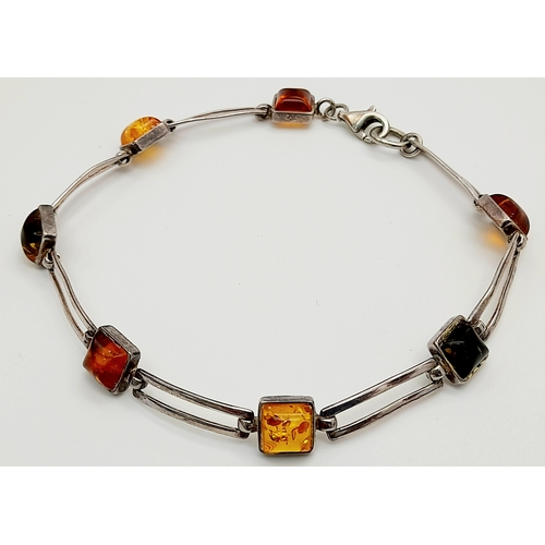 392 - Vintage SILVER and AMBER  TRAMLINE TENNIS BRACELET. Set with Different Colour AMBER CABOCHONS. Pleas... 