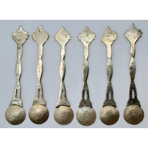 441 - 6 x vintage  SILVER TEA/ COFFEE SPOONS.  Eastern Origin with Coin Bowls and floral finials. Twisted ... 