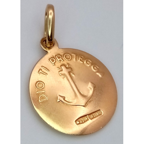 45 - An 18K Yellow Gold Circular 'God Protect You' Pendant. 2.5cm. 2.1g