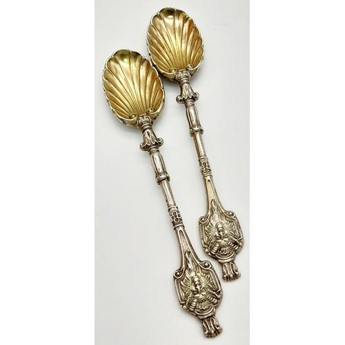 476 - Rare pair of substantial Antique SILVER CONDIMENT SPOONS. High quality early Victorian, having Lion ... 