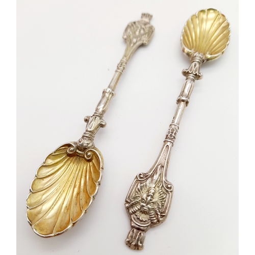 476 - Rare pair of substantial Antique SILVER CONDIMENT SPOONS. High quality early Victorian, having Lion ... 