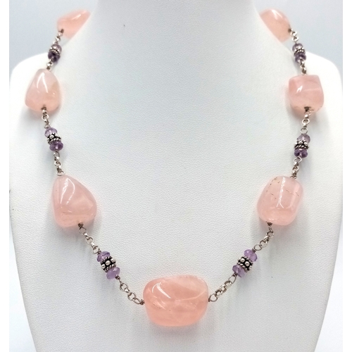 483 - Stunning SILVER and ROSE QUARTZ NECKLACE. Having a Belcher Link Silver Chain with Chunky Polished RO... 