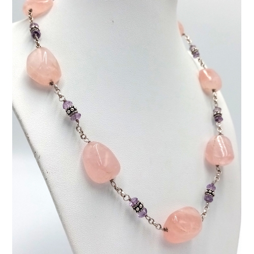 483 - Stunning SILVER and ROSE QUARTZ NECKLACE. Having a Belcher Link Silver Chain with Chunky Polished RO... 