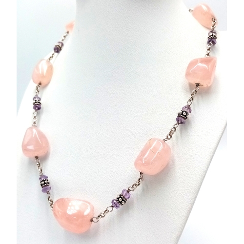 483 - Stunning SILVER and ROSE QUARTZ NECKLACE. Having a Belcher Link Silver Chain with Chunky Polished RO... 