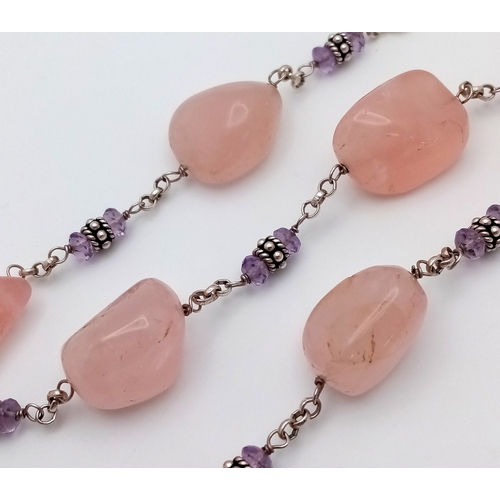 483 - Stunning SILVER and ROSE QUARTZ NECKLACE. Having a Belcher Link Silver Chain with Chunky Polished RO... 