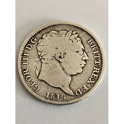 371 - 1819 GEORGE III Bullhead SILVER SHILLING. Fine Condition almost very fine. Please see pictures.