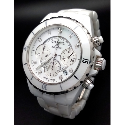 1173 - A Chanel J12 Automatic Diamond Ladies Chronograph Watch. White ceramic bracelet. White ceramic and s... 