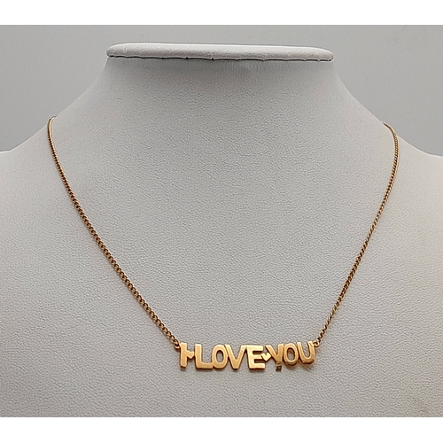 148 - A 9K Yellow Gold Necklace with 'I Love You' Attached Pendant. 36cm. 2.12g