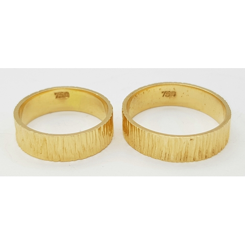 212 - Two Matching 18K Yellow Gold HIS and HER Bark Effect Band Rings. Size J 1/2 and O 1/2. 7.84g