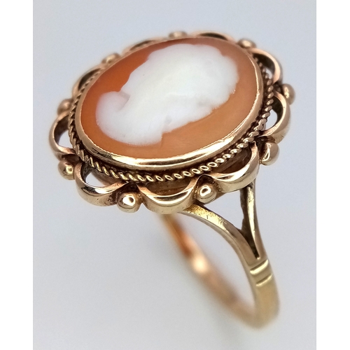 248 - A 9K Yellow Gold Cameo Ring. Size P 1/2. 2.7g