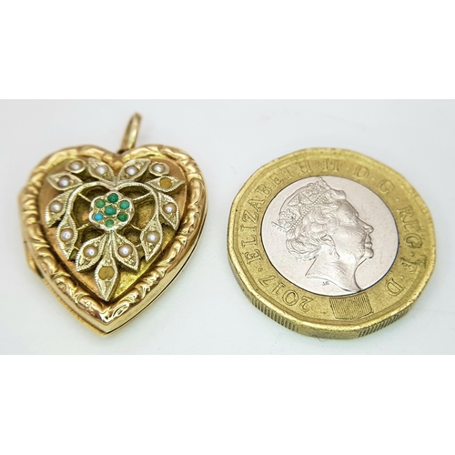 262 - A Vintage 9K Yellow Gold Heart Locket with Seed Pearl Decoration. 3cm. 5.3g