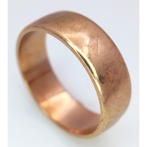 345 - A Vintage 9K Yellow Gold Band Ring. 6mm width. Full UK hallmarks. Size L 1/2. 3.7g