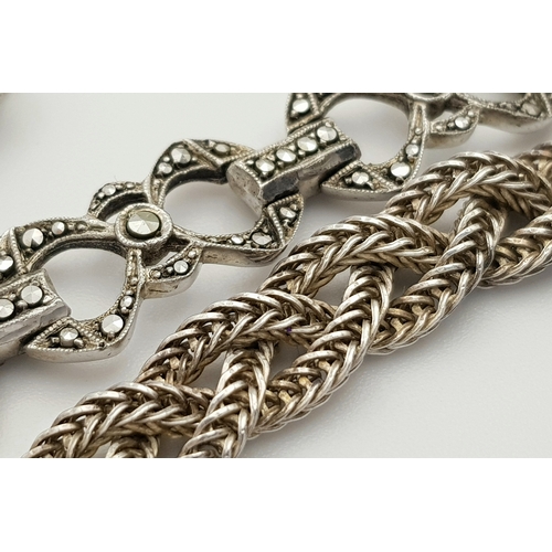 372 - Two Vintage Elegant Solid Silver 925 Bracelets, Marcasite Plait, Safety Chain. Total weight: 38.4 gr... 