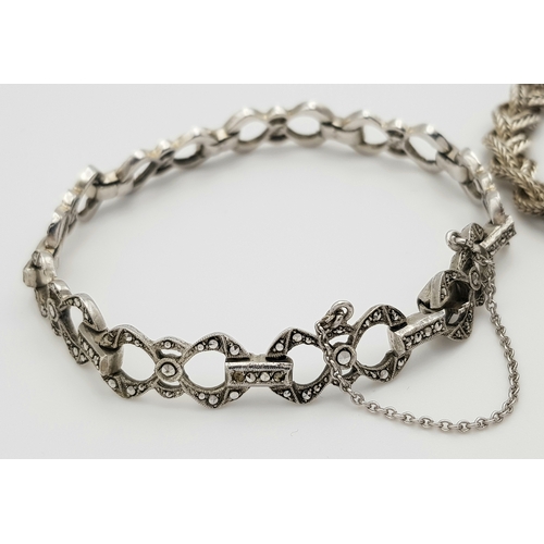 372 - Two Vintage Elegant Solid Silver 925 Bracelets, Marcasite Plait, Safety Chain. Total weight: 38.4 gr... 