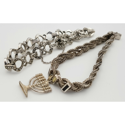 372 - Two Vintage Elegant Solid Silver 925 Bracelets, Marcasite Plait, Safety Chain. Total weight: 38.4 gr... 