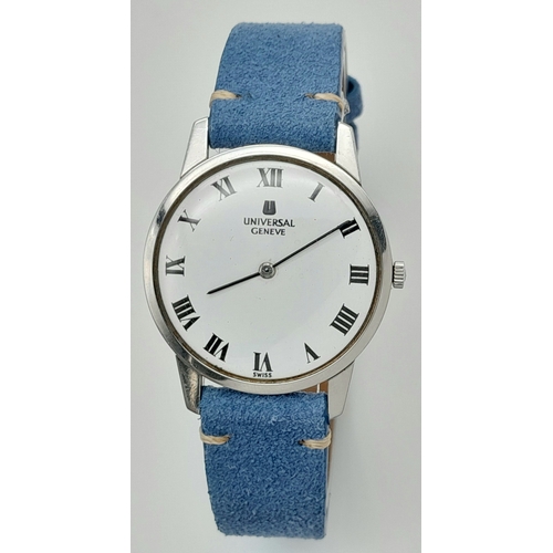 381 - A Quality Swiss Manual Wind Watch by Universal Geneve Model 842101. On Suede Leather Quick Release S... 