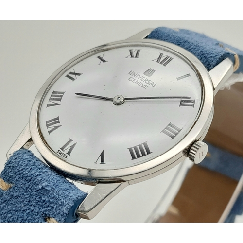 381 - A Quality Swiss Manual Wind Watch by Universal Geneve Model 842101. On Suede Leather Quick Release S... 