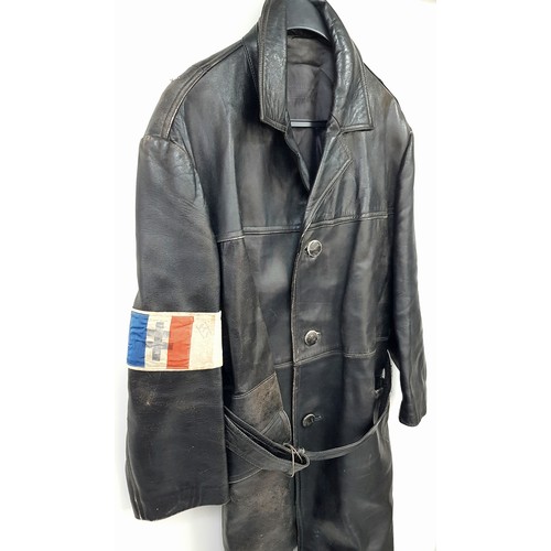 314 - A WW2 French Resistance Leather Coat with armband. Both are period pieces and were found together.