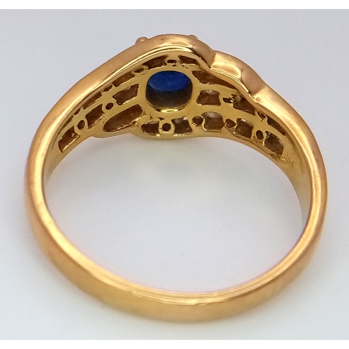 68 - An 18K Yellow Gold Sapphire and Diamond Ring. Central sapphire with a multiple diamond channel surro... 