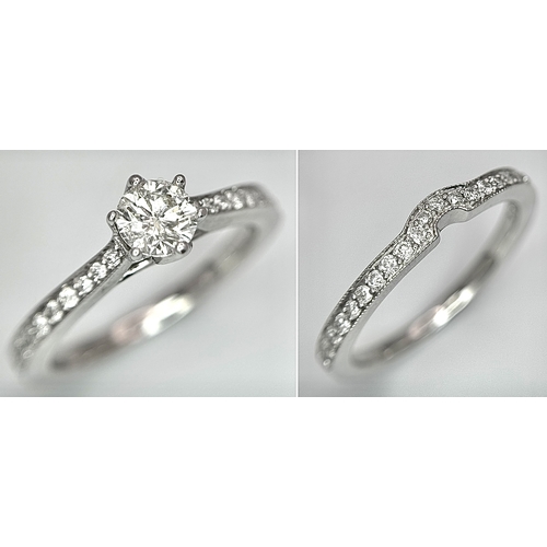 19 - AN 18K WHITE GOLD DIAMOND SET 2 PIECE RING. A SET SOLITAIRE WITH DIAMOND SHOULDERS AND SHAPED DIAMON... 