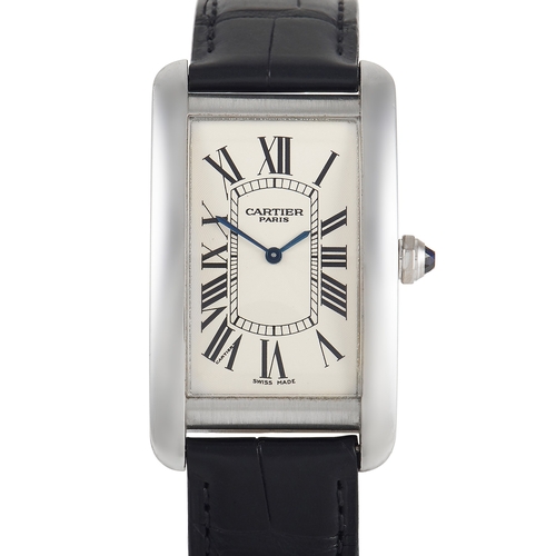 505 - A RARE Cartier Tank Amricaine Platinum Watch. Cartier Paris sign on the dial and A central rose moti... 