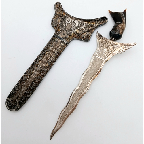 1402 - A Vintage Letter Opener with Filigree Case. Indonesian kris dagger design. 13.5cm length.