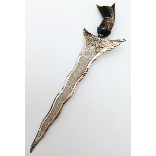 1402 - A Vintage Letter Opener with Filigree Case. Indonesian kris dagger design. 13.5cm length.