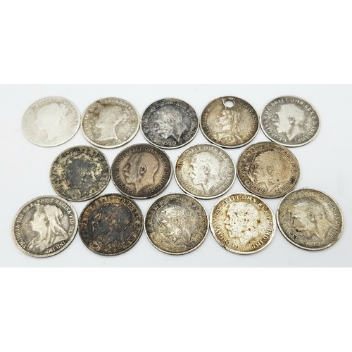 1175 - A Parcel of Fourteen Pre-1920 Silver British Silver Three Pences Comprising Dates, 1854, 1887 Drille... 