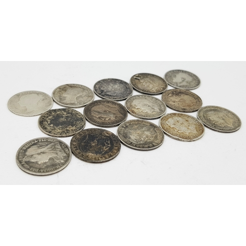 1175 - A Parcel of Fourteen Pre-1920 Silver British Silver Three Pences Comprising Dates, 1854, 1887 Drille... 