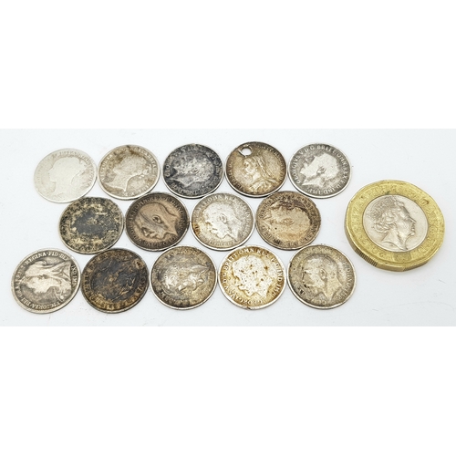 1175 - A Parcel of Fourteen Pre-1920 Silver British Silver Three Pences Comprising Dates, 1854, 1887 Drille... 