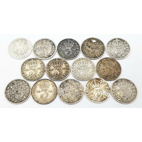 1175 - A Parcel of Fourteen Pre-1920 Silver British Silver Three Pences Comprising Dates, 1854, 1887 Drille... 