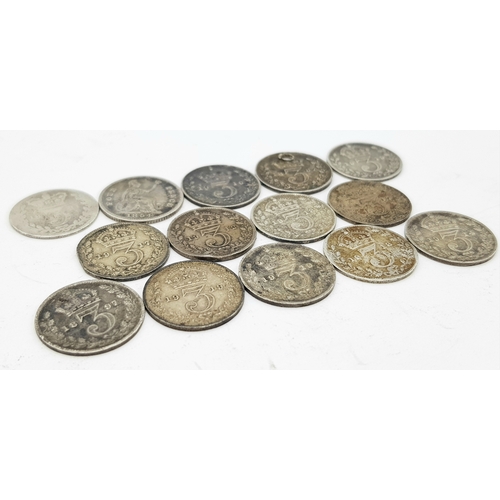 1175 - A Parcel of Fourteen Pre-1920 Silver British Silver Three Pences Comprising Dates, 1854, 1887 Drille... 